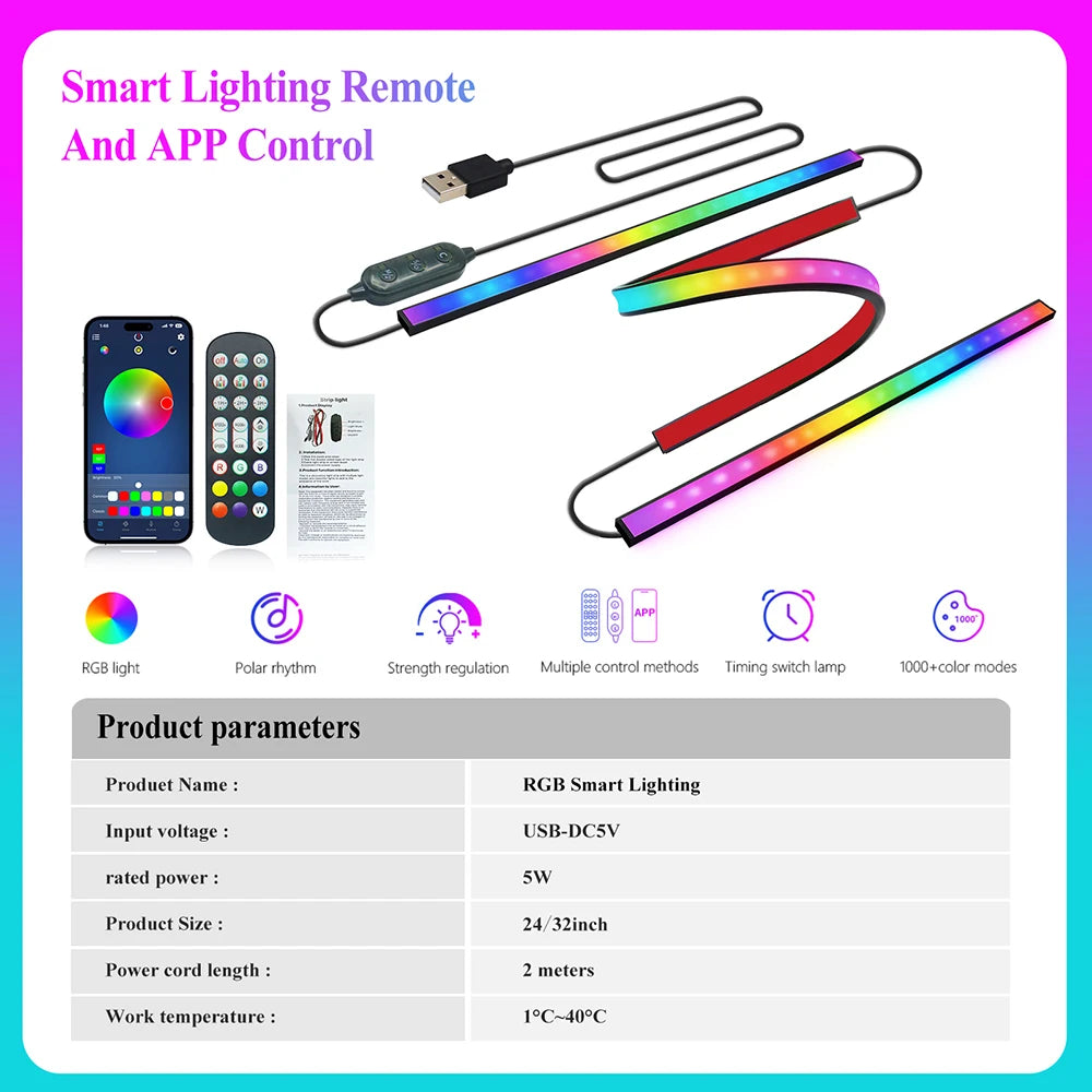 RGB Screen Backlight Strip Light 5V USB Bluetooth 24Keys Remote Kit Music Sycn Atmosphere APP Dreamy for Party Gaming Room Decor