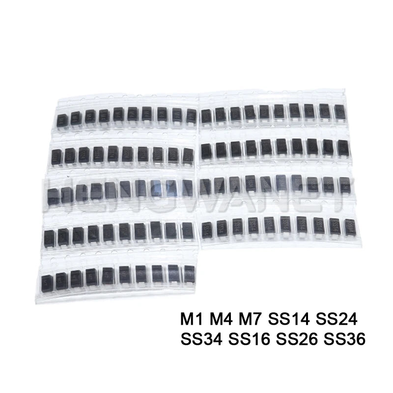 90PCS Rectifier Diode 1N4007 1N4001 1N4004 SS14 SS24 SS34 SS16 SS26 SS36 SMD Schottky Diode Assort Kit