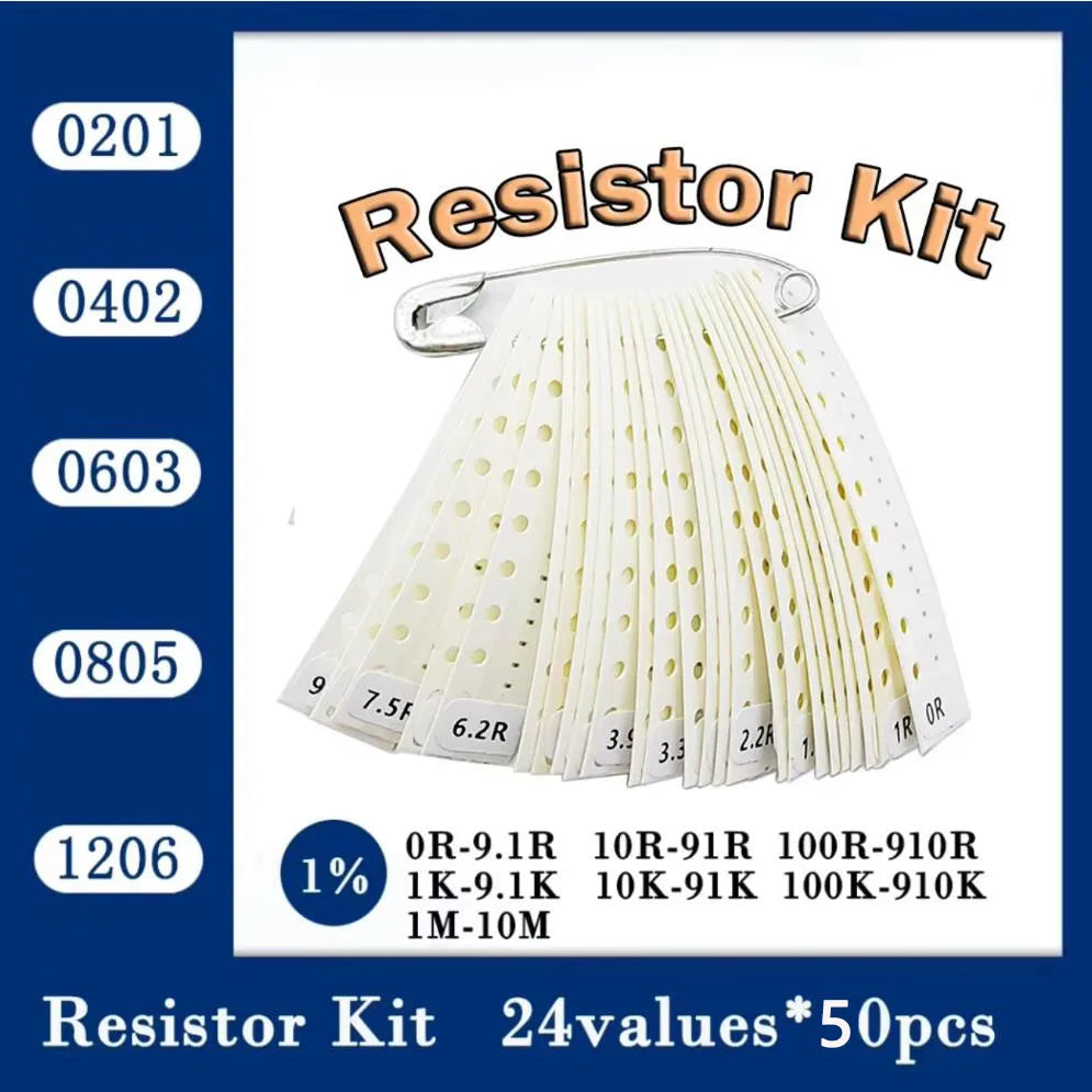 Resistor kit 0201 0402 0603 0805 1206 smd Resistor package 24values*50/25PCS=1200PCS 1% Sample Kit Resisor