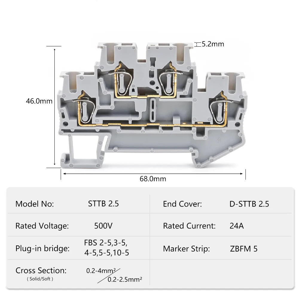 STTB 2.5 DIN Rail Terminal Block 50Pcs, Double Layer 2.5mm² Spring Clamp Compact Electrical Connectors for Industrial