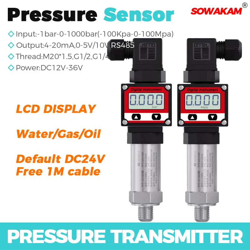 LCD Display Pressure Transmitter 4-20mA 0-5V 10V RS485 Output Water Gas Oil Pressur Sensor Negative Vacuum Pressure Transducer