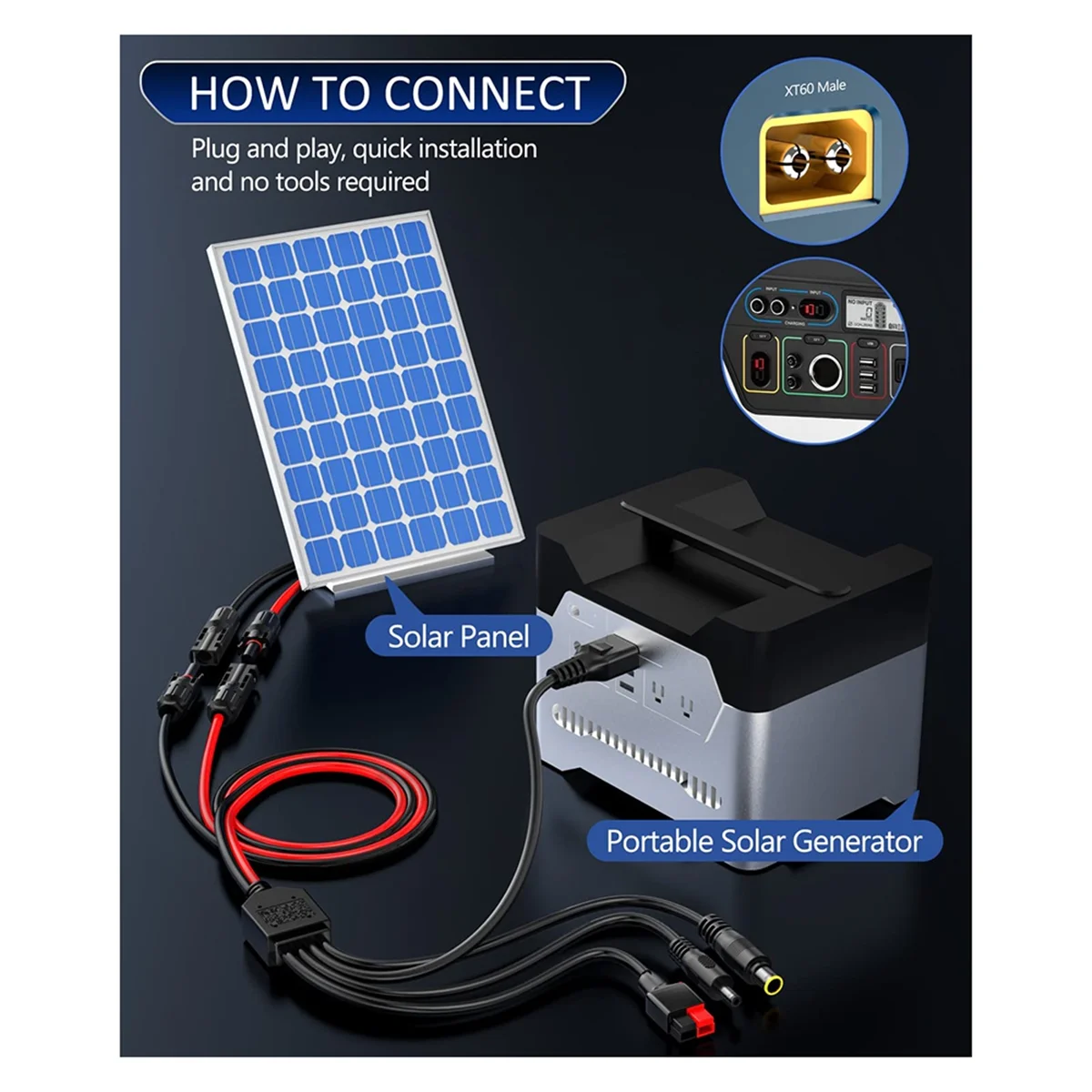 A40I 4-In-1 Solar Panel Connector Extension Cable Splitter for Anderson Connector DC Adapter Power Plug XT60 Female Conn