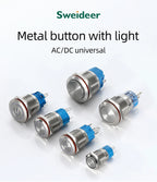 12/16mm Flat LED Illuminated Reset Latching Ring LED Metal Push Button Switch Waterproof On Off with Power Symbol
