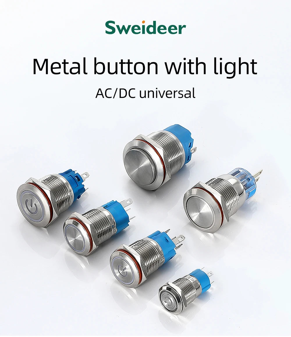 12/16mm Flat LED Illuminated Reset Latching Ring LED Metal Push Button Switch Waterproof On Off with Power Symbol