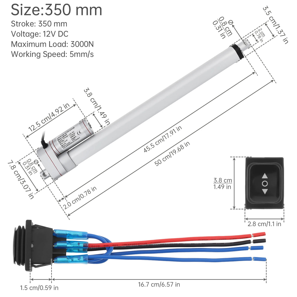 12V Electric Linear Actuator 50/100/150/200/250/300/350/400mm Stroke 3000N Electric Reciprocating Lifting Linear Motion Actuator