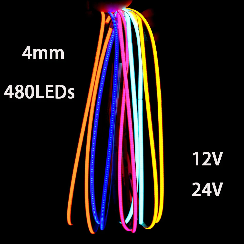 4mm COB LED Strip Lights 12V 24V 480leds/m Multicolor For Car FOB  Home Decoration Linear Lighting Red Blue Flexible Ribbon