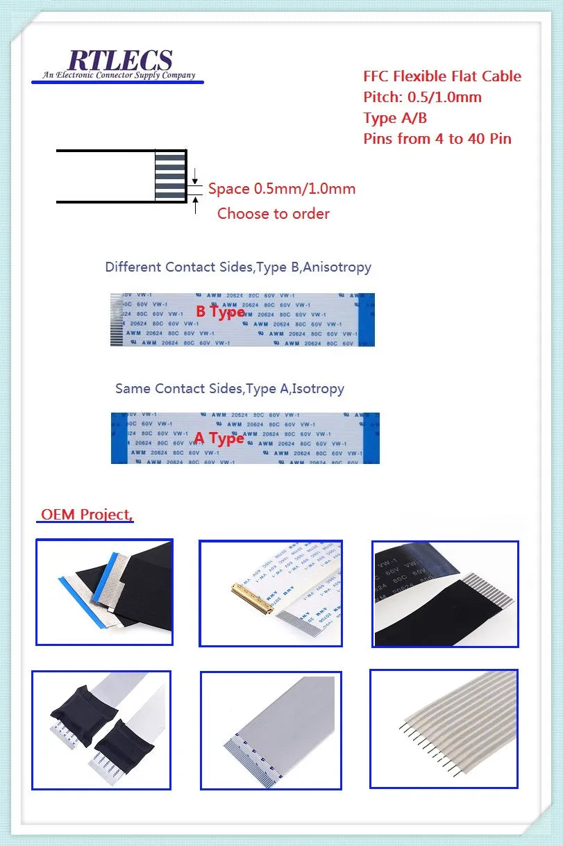 100 Pcs Flexible Flat Cable FFC FPC Jumper 0.5 1.0 MM 4 5 6 8 10 12 14 15 16 20 24 28 30 32 40 Pin AWM 20624 80C 60V VW-1