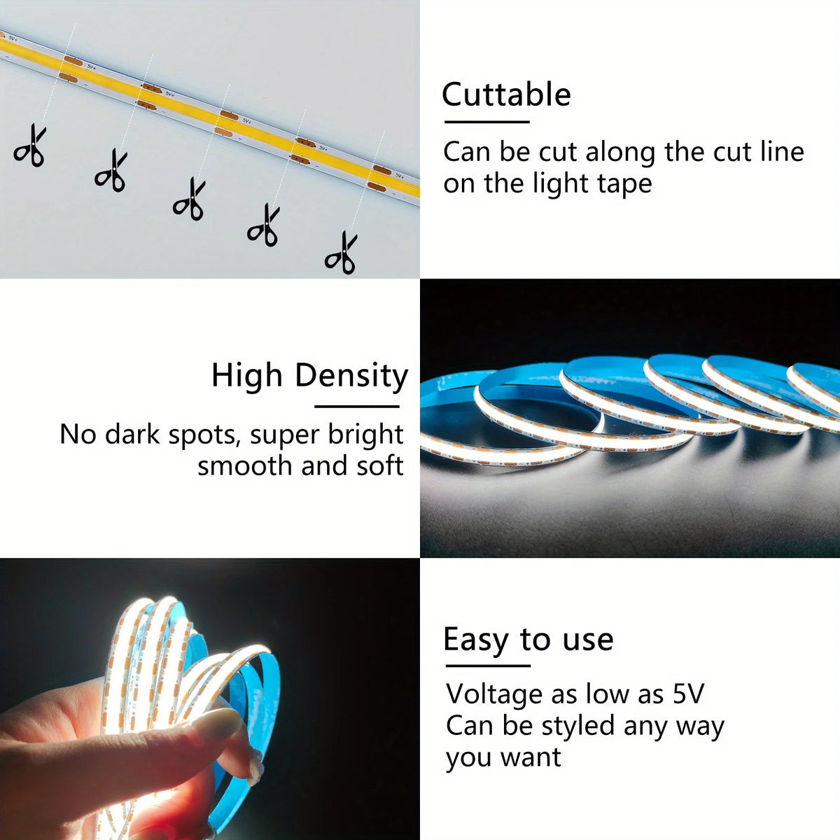 5V USB COB LED Light Strip Linear Touch Dimmable Flexible Diode Tape Home Christmas Lights TV Mirror Backlight Room Decoration