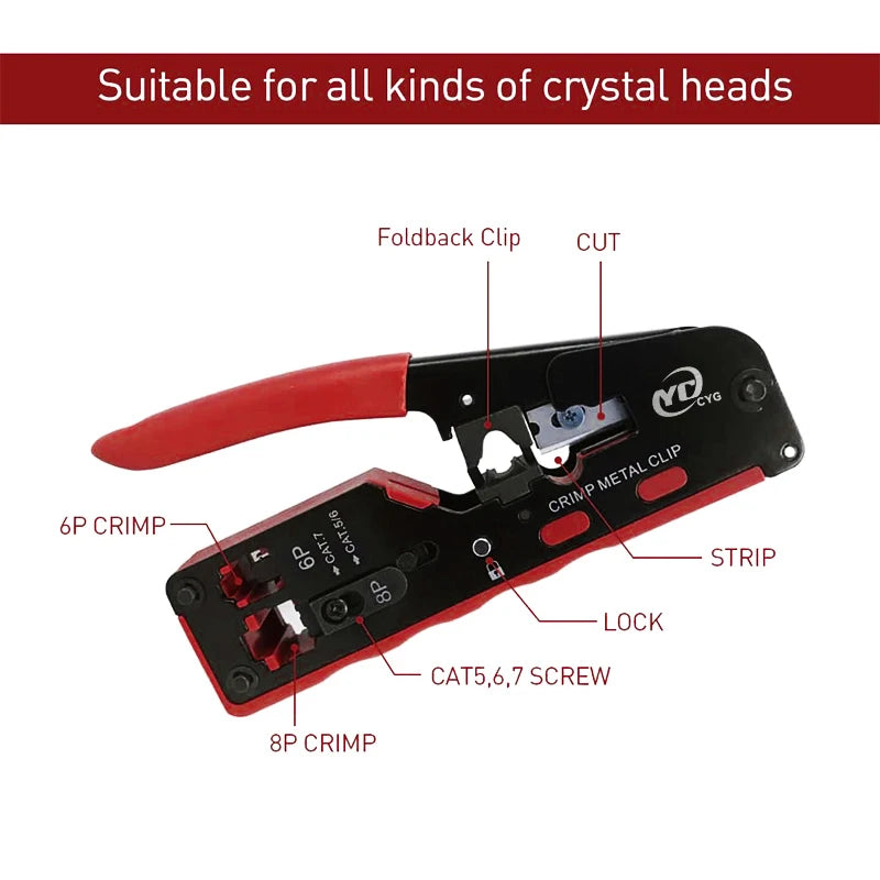 Rj45 Rj12 Rj11 Pass Through Crimp Plier Cat7 Cat6 Cat6A Cat5 Cat5e Stripping Crimping Tool with 8P/6P Ethernet Connectors