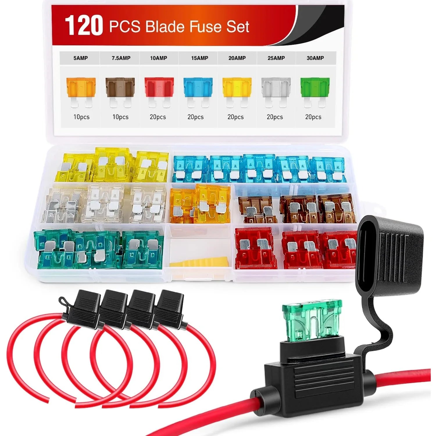 Nilight 120PCS Standard Blade Fuse Kit, ATC/ATO Automotive Fuse Assortment (5A-30A) with 5PCS 12AWG Inline Fuse Holders for Car, Truck, RV, Boat & Motorcycle