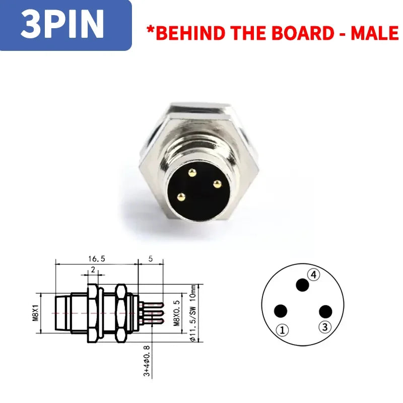 M8 A-Coded Sensor Connector – Panel Back Mount Waterproof Flange Socket & Plug, 3/4/5 Pin Male & Female Threaded Coupling