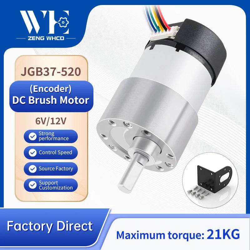 JGB37-520 Hall Encoder DC Geared Motor, 6V/12V, Reversible, High Torque 21KG.CM, All-metal Geared DC Motor With Hall Encoder.
