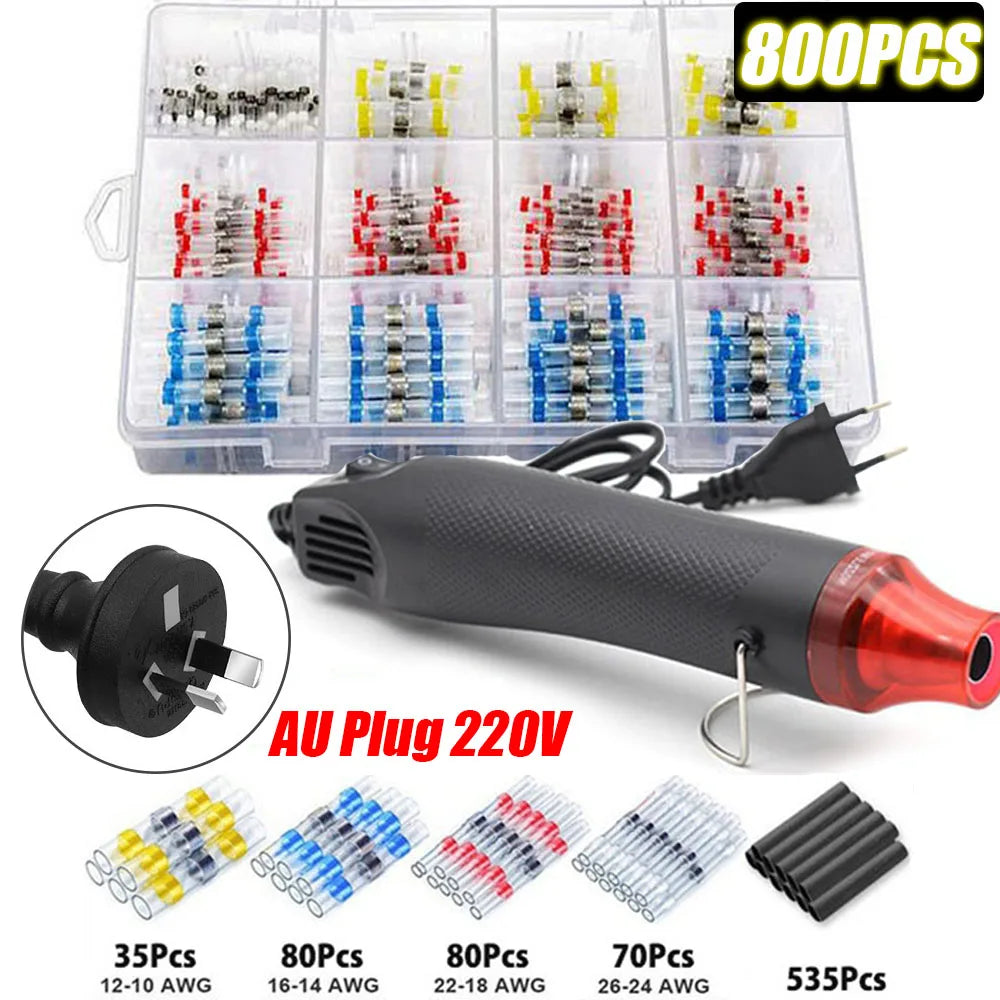 100/800PCS Solder Seal Wire Connectors Heat Shrink Solder Butt Connectors Kit Automotive Marine Insulated with 300W Hot Air Gun