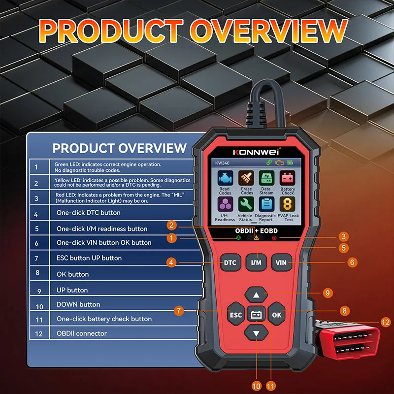 KONNWEI KW340 Car OBD2 Diagnostic Tool CAN EOBD 3in1 Engine Battery Test Read Clear Fault Code Real-Time Data O2 Inspection Tool