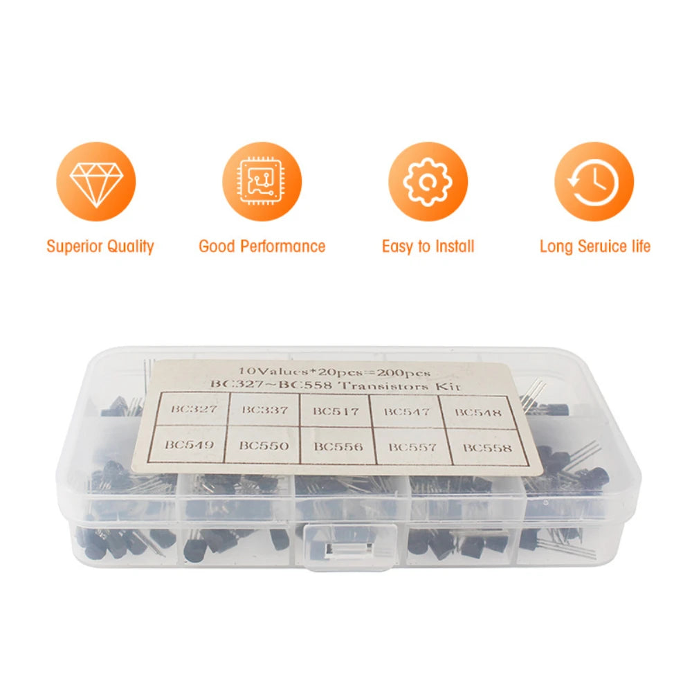 200PCS/Box Transistor Assorted Kit 2N2222 2N3904 2N3906 BC337 BC547 BC557 S8050 S8550 10 values PNP NPN Transistors Triode TO92