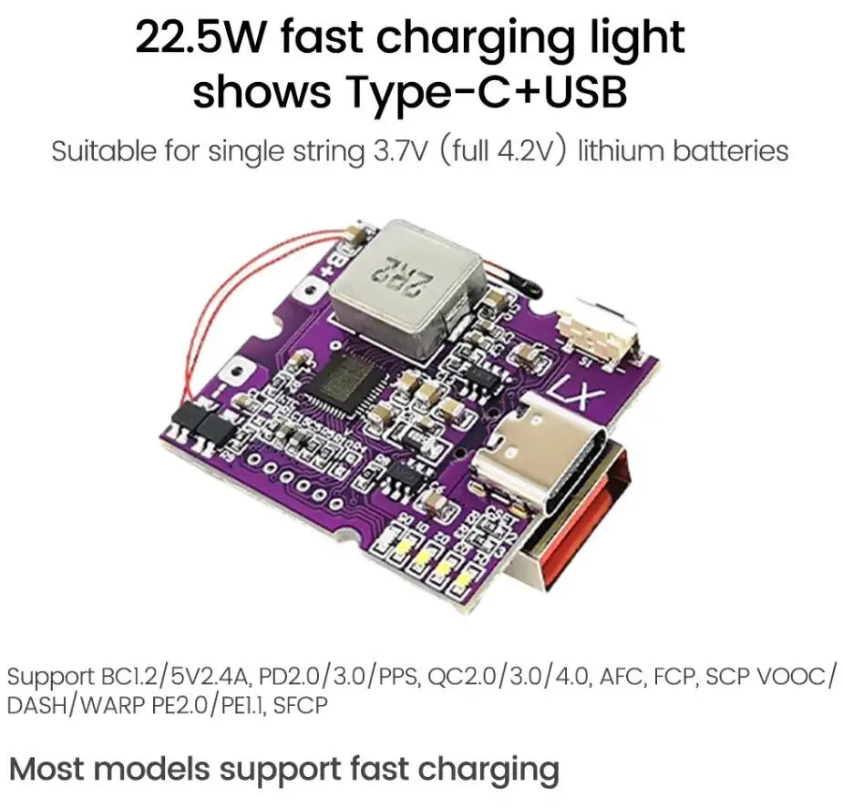 22.5W Power Bank Bidirectional Fast Charging Mobile Power Module Circuit Board With Digital/Light Type-C USB Suppor PD/QC3.0 2.0