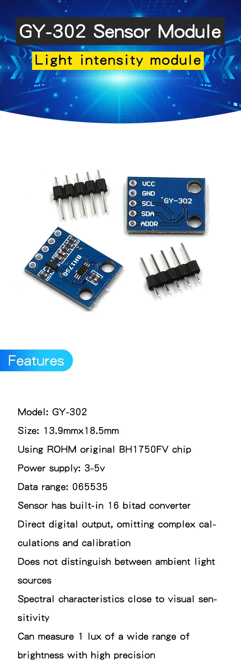 GY-302 BH1750 Light Intensity Illuminance Module Sensor Module