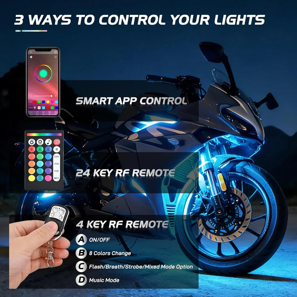 Nilight 8PCS Motorcycle RGB Led Light Kit Waterproof Multi-Color Atmosphere Lights Lamp with 4Key RF Wireless Remote for Harley Davidson Honda Kawasaki Suzuki