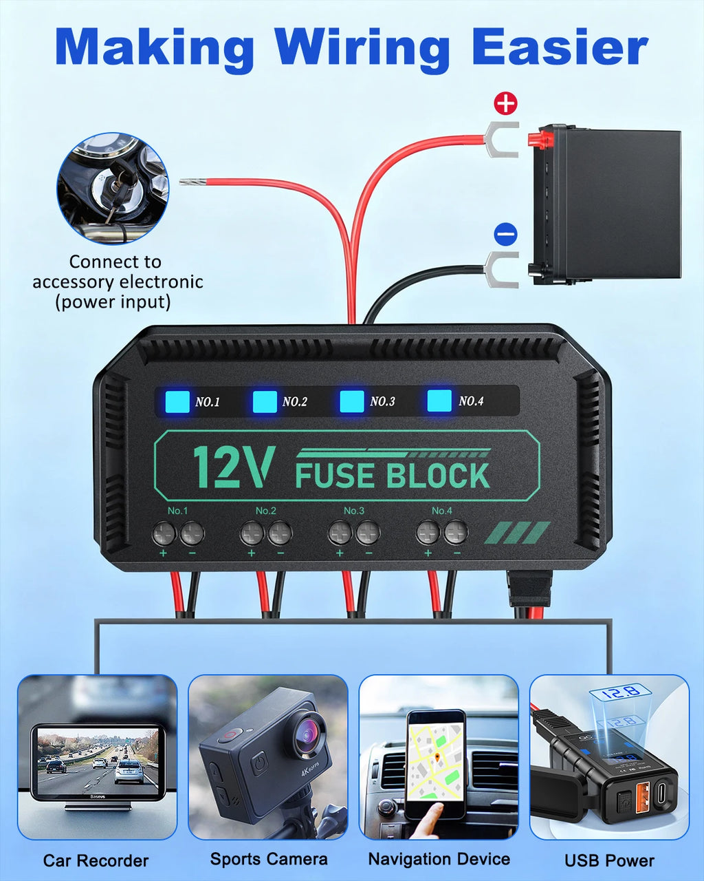 Anchtek 12V Motorcycle Fuse Box Universal Automotive Fuse Block with 4 Circuits Low Profile Mini Blade LED Indicator Fuse Holder