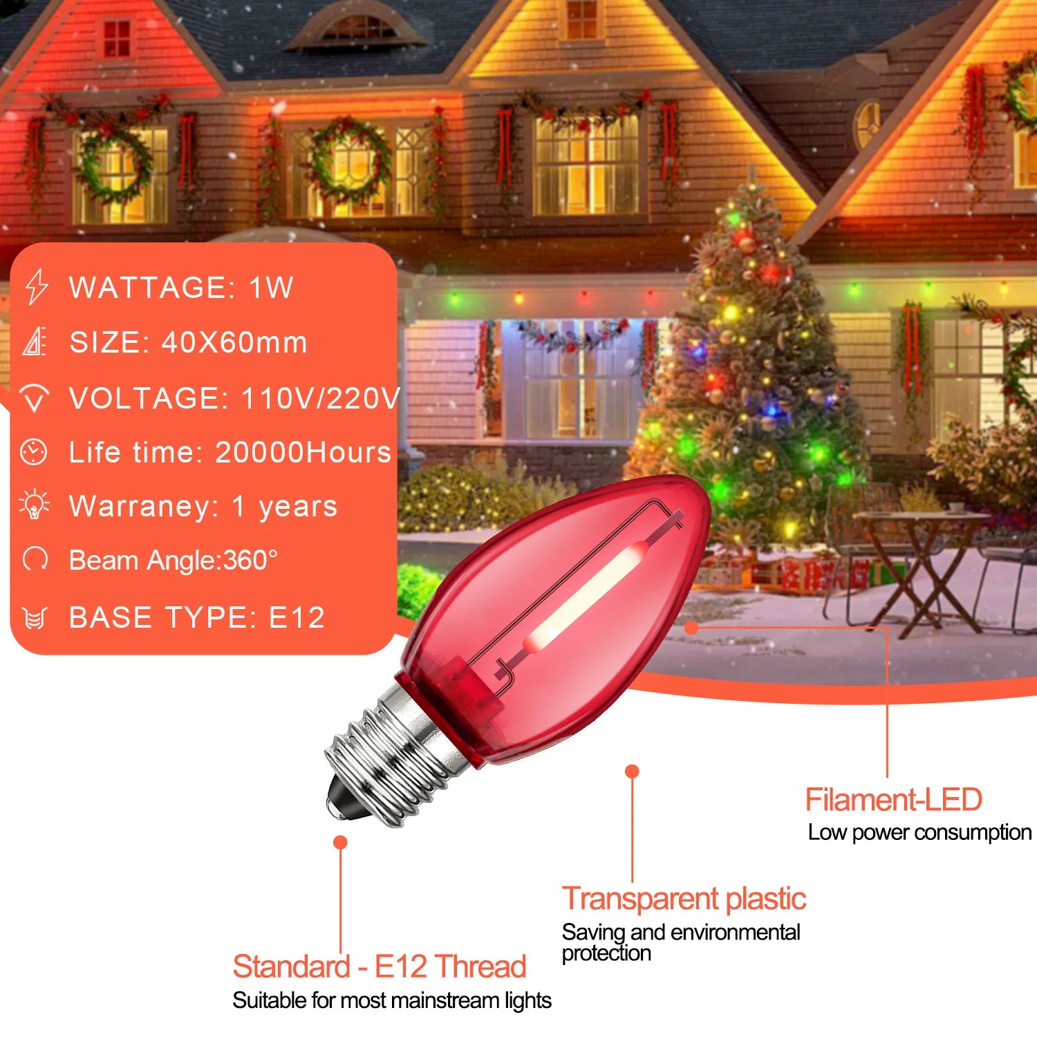 Colorful Outdoor String Lights C7 Shatterproof Replacement Bulbs 1W E12 Base RGB Waterproof Garland for Party Garden Decorations