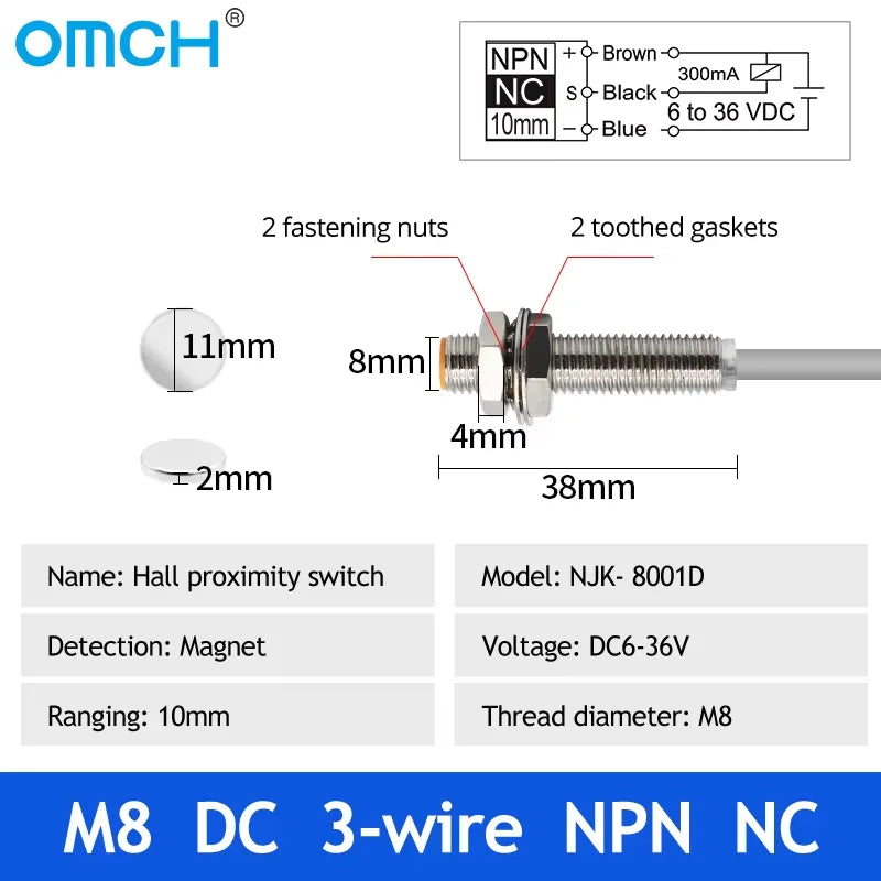 OMCH Hall Switch NJK-5002 Proximity Inductive Magnetic Pole Sensor M8/M12 Normally Open/Closed 24V Hall Effect Proximity Sensor