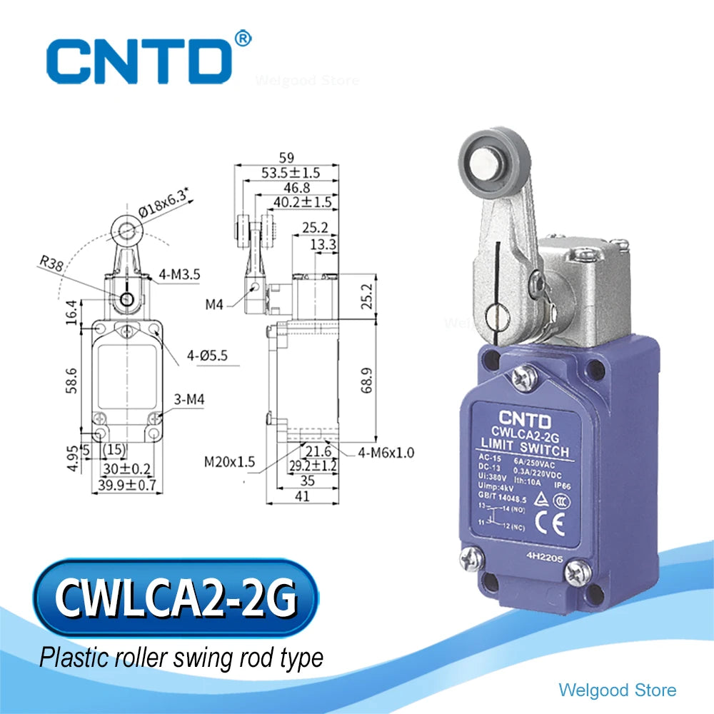 Heavy‑Duty Industrial Limit Switch CNTD CWLCA2‑2G 10A 380VAC IP66 DPDT Za Double‑Break Plastic Roller Lever Vertical Switch