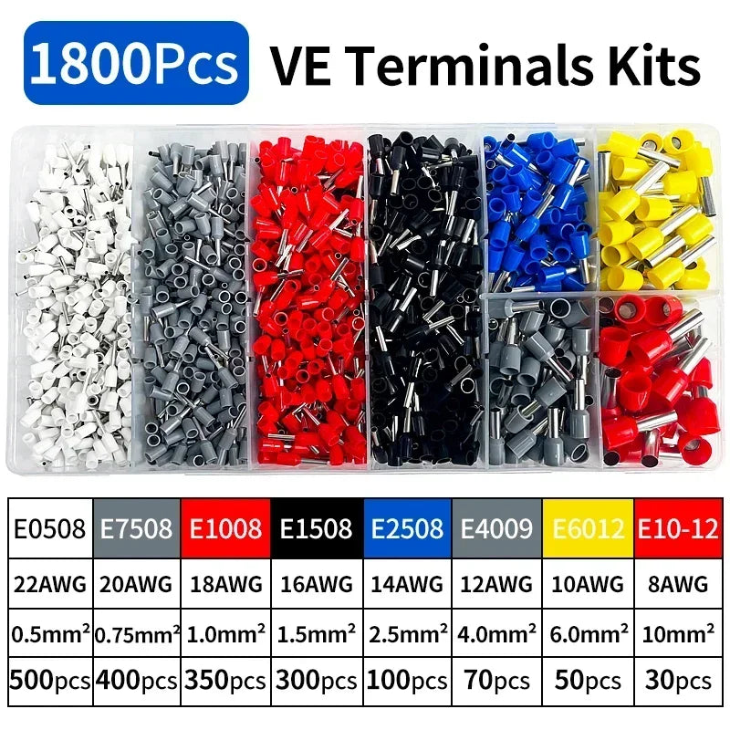 200-1900Pcs Electrical Tube Insulated Terminal VE Tubular Crimp Terminals Wire Cable Connector Ferrules Terminal Connectors