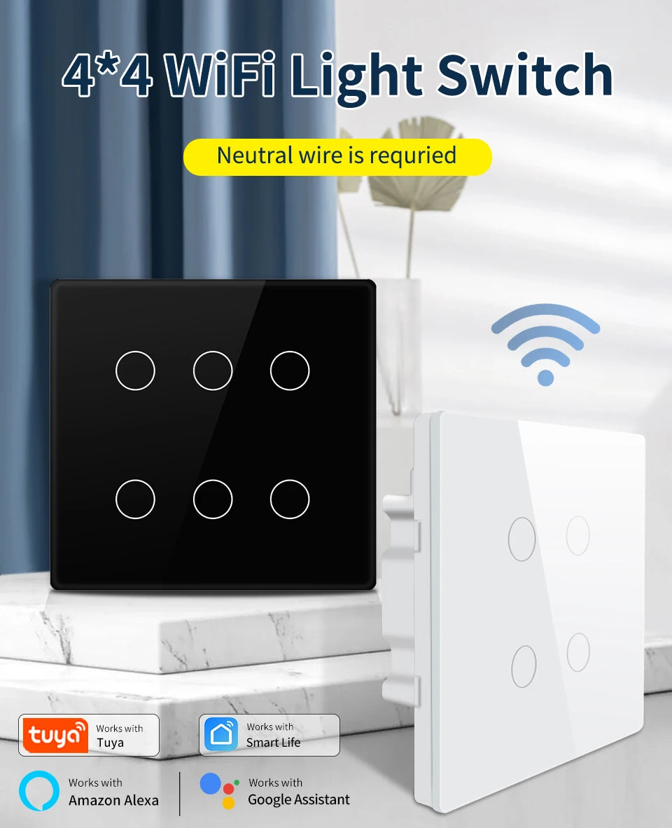 Tuya WiFi Smart Switch Brazil Standard 4x4 Size Touch Sensor 4/6/8 Gang Wall Light Switch Voice Control By Alexa Google Home