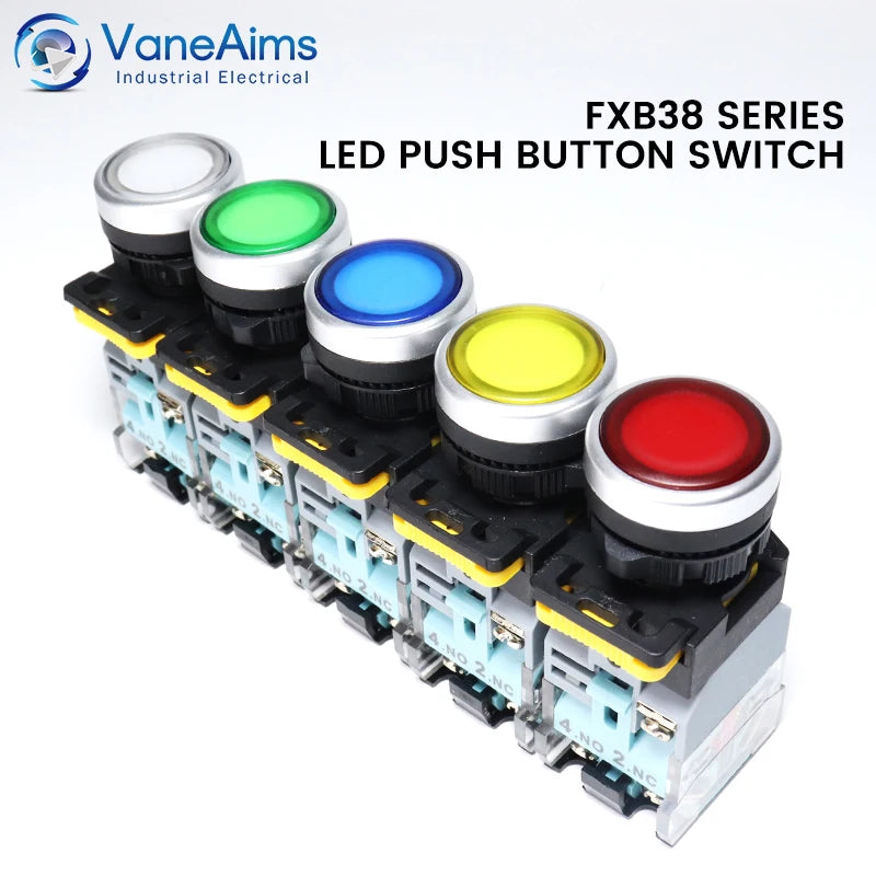 VaneAims 22MM FXB38 Plastic LED Light Push Button Switch 10A 12V 220V Momentary Latching ON/OFF Power Switch with Silver Contact