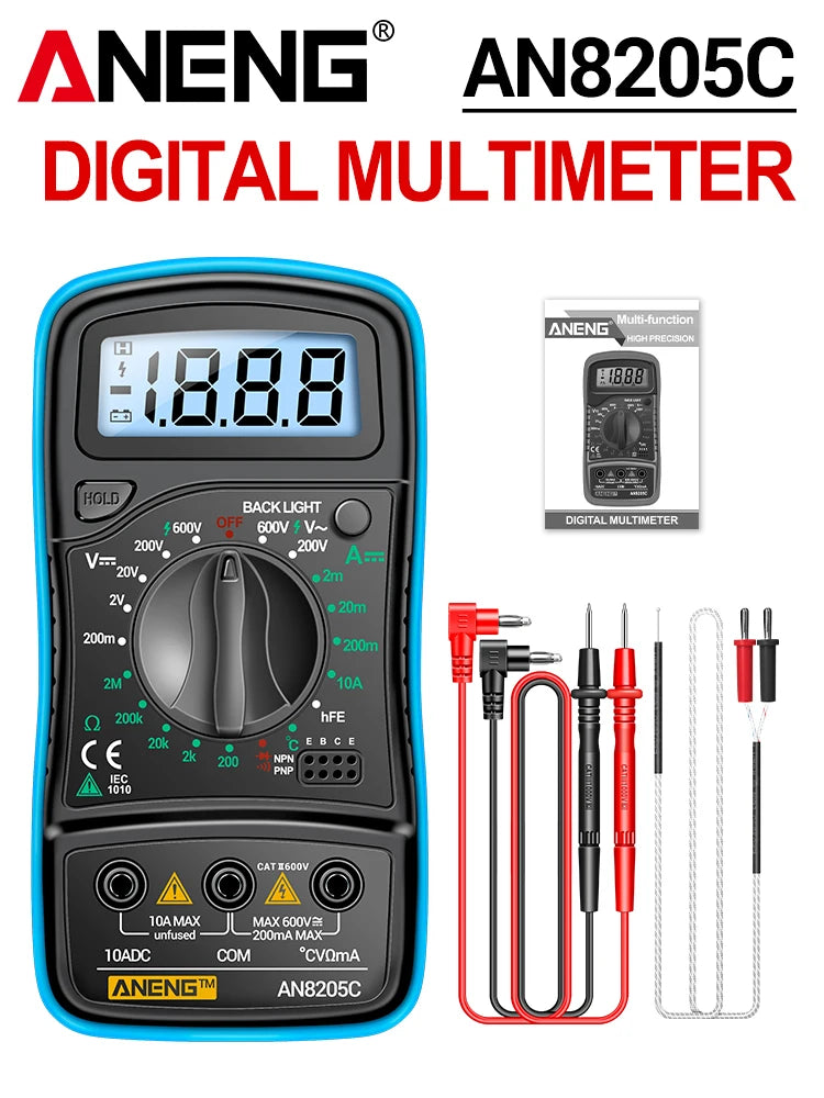 Digital Multimeter 1999 Counts 600V AC/DC Voltage Temp Test for Car Repair ANENG AN8205C Blue Backlight hFE Triode DIY Test Tool