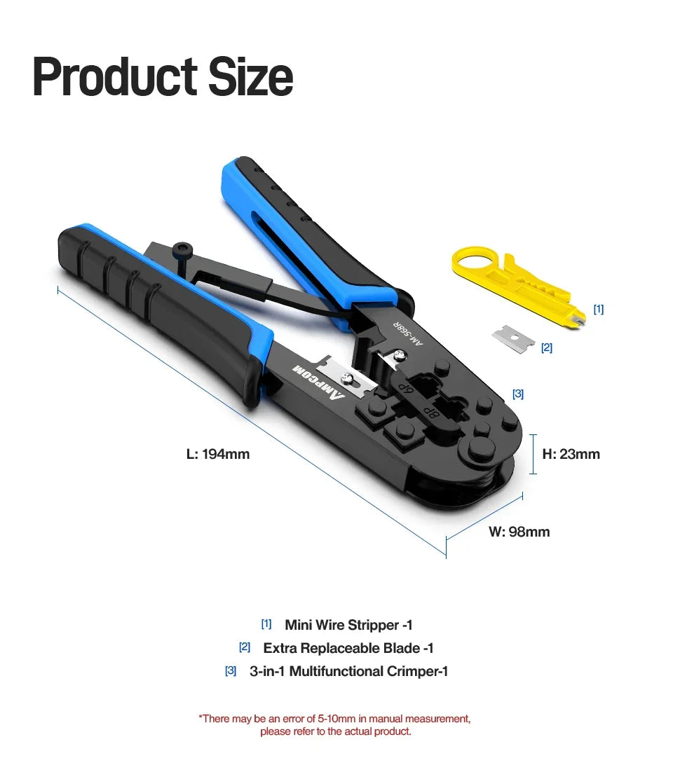 AMPCOM rj45 crimper RJ11 RJ45 Crimping Tool Ethernet Network LAN Cable Crimper Cutter Stripper Plier for 6P 8P RJ-11/RJ-12 RJ-45