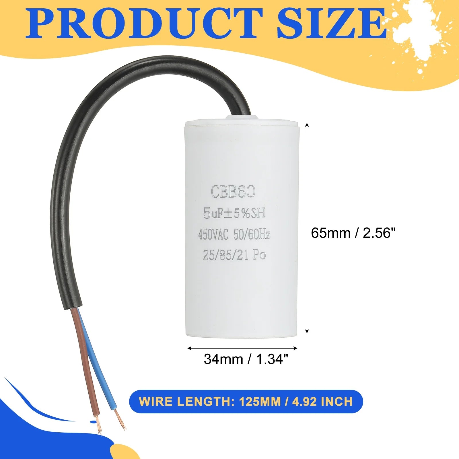 1Pcs CBB60 Run Capacitor 3uf-100uf 450V AC 2 Wires 50/60Hz Cylinder White for Air Compressor Water Pump Motor