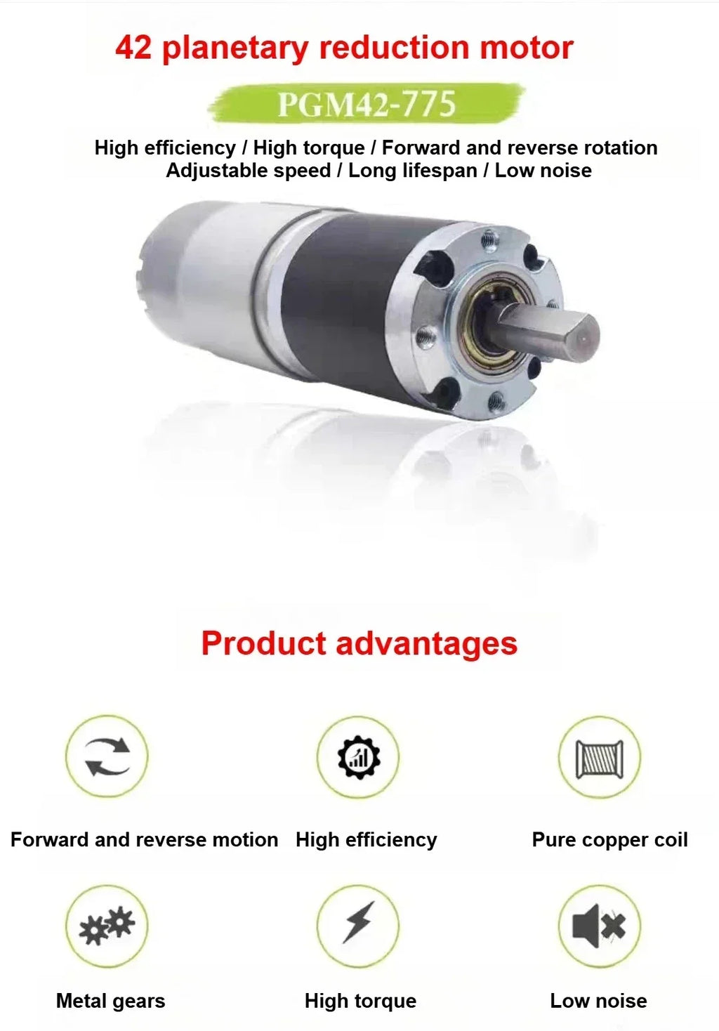 With the controller PGM42-775, this DC gear reducer motor offers adjustable forward and reverse rotation and has a high torque.