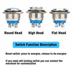 19mm 1NO Momentary High Flat Head Waterproof Reset Metal Push Button Switch Screw Terminal Car Engine Doorbell PC Power Switch
