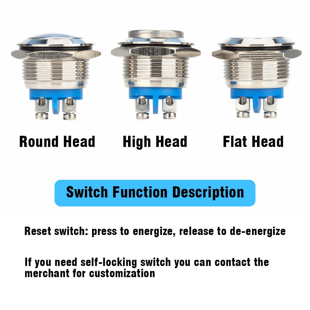 19mm 1NO Momentary High Flat Head Waterproof Reset Metal Push Button Switch Screw Terminal Car Engine Doorbell PC Power Switch