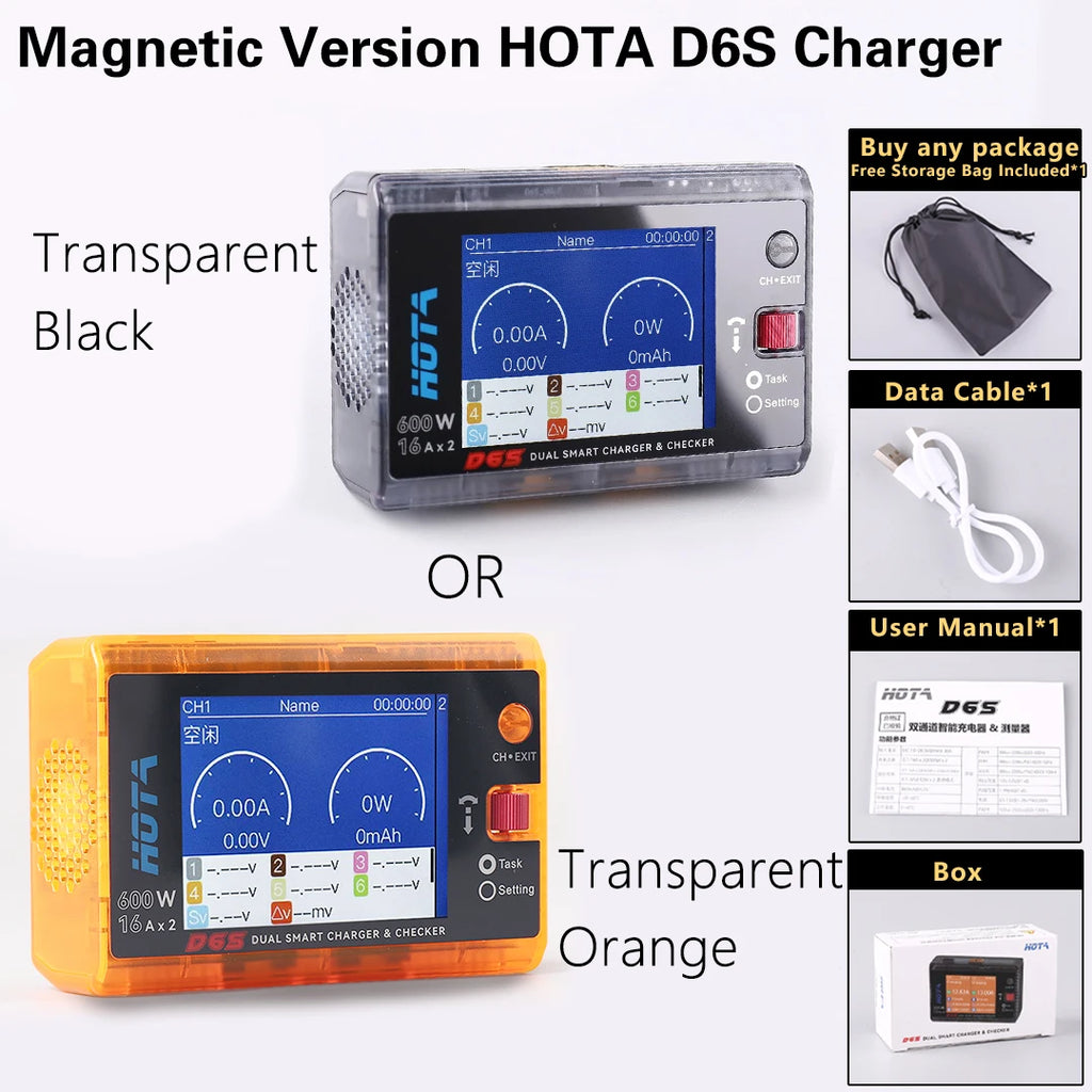 HOTA D6S RC Lipo Battery Charger Magnetic Suction Dual Channel Smart Balance 600W High Power 1-6S Smart Balance Charger