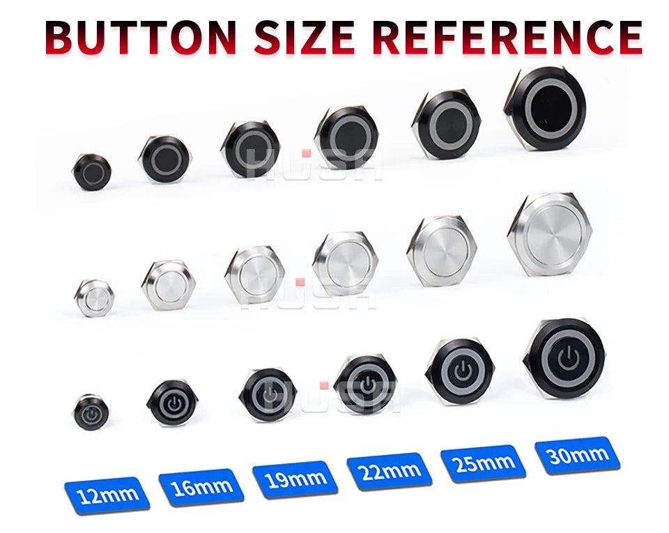 12/16/19/22/25/30mm Short Stroke Mini Waterproof Metal Push Button Switch Power Led Light Momentary 5/12/24/220V Black 1NO