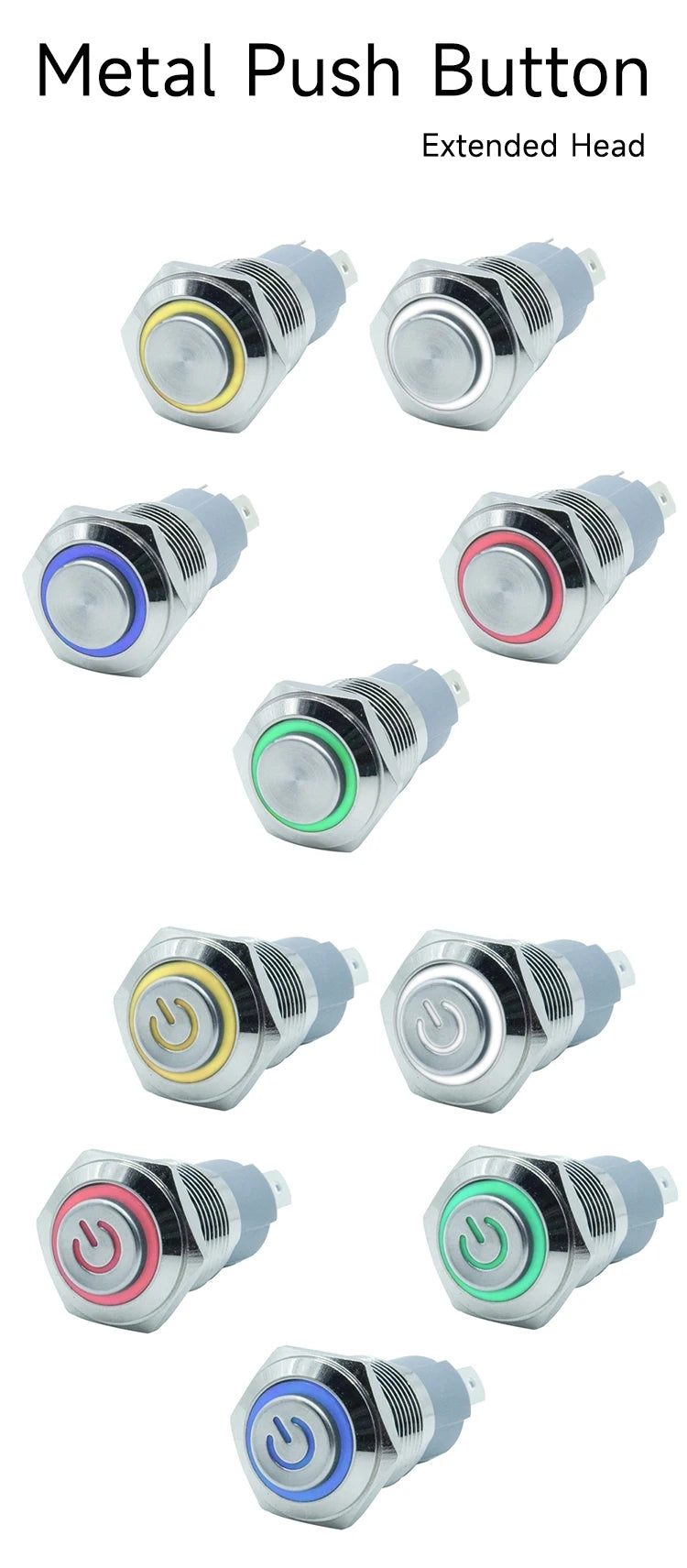Extended Head 12mm 16mm 19mm 22mm metal push button switch on off power LED light Waterproof circle 3v 6v 12v 24v 110v 220v ip65