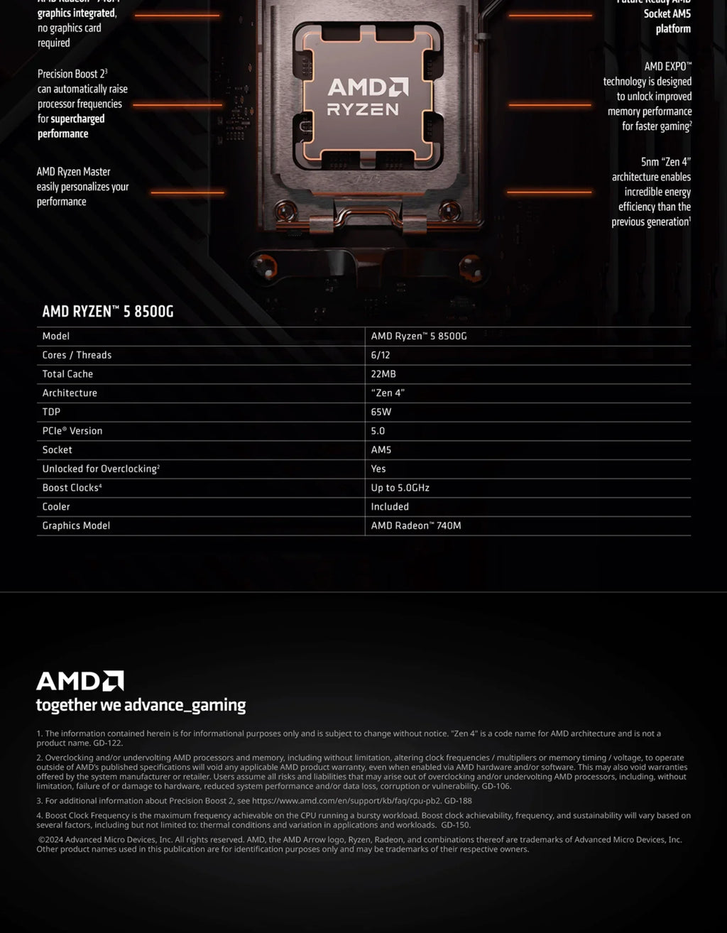 8500G AMD Ryzen 5 R5 8500G CPU Series 6-Core 3.8 GHz Socket AM5 65W AMD Radeon 760M Processor - 100-000000931 New but no fan