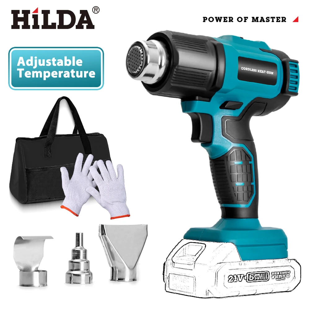 HILDA Cordless Heat Hot Air Gun Temperature Adjustment Electric Shrink Wrapping Tool Dryer With Nozzles for Makita 18V Battery