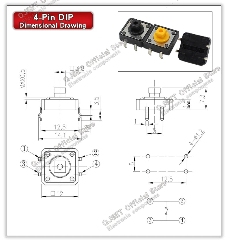 20 Pcs Tactile Pushbutton Switch 12*12*7.3MM Micro Switch Pushbutton A14 A24 Pushbutton Cover 12x12x7.3MM Square Head Pushbutton