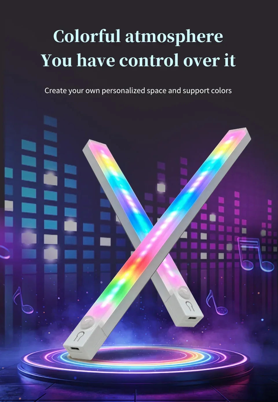 30cm 50cm Magnetic LED RGB Cabinet Light with Motion Sensor USB-C Wireless Night Light with 5 Modes for Closet Gaming Atmosphere