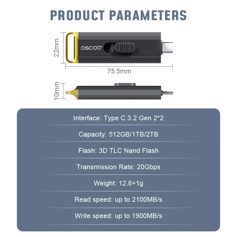 OSCOO PSSD 1TB SSD USB Flash Drive 20Gbps 3D TLC Nand Flash Type C 3.2 Gen2*2 Memory Disk Wireless Portable SSD USB Flash Drive