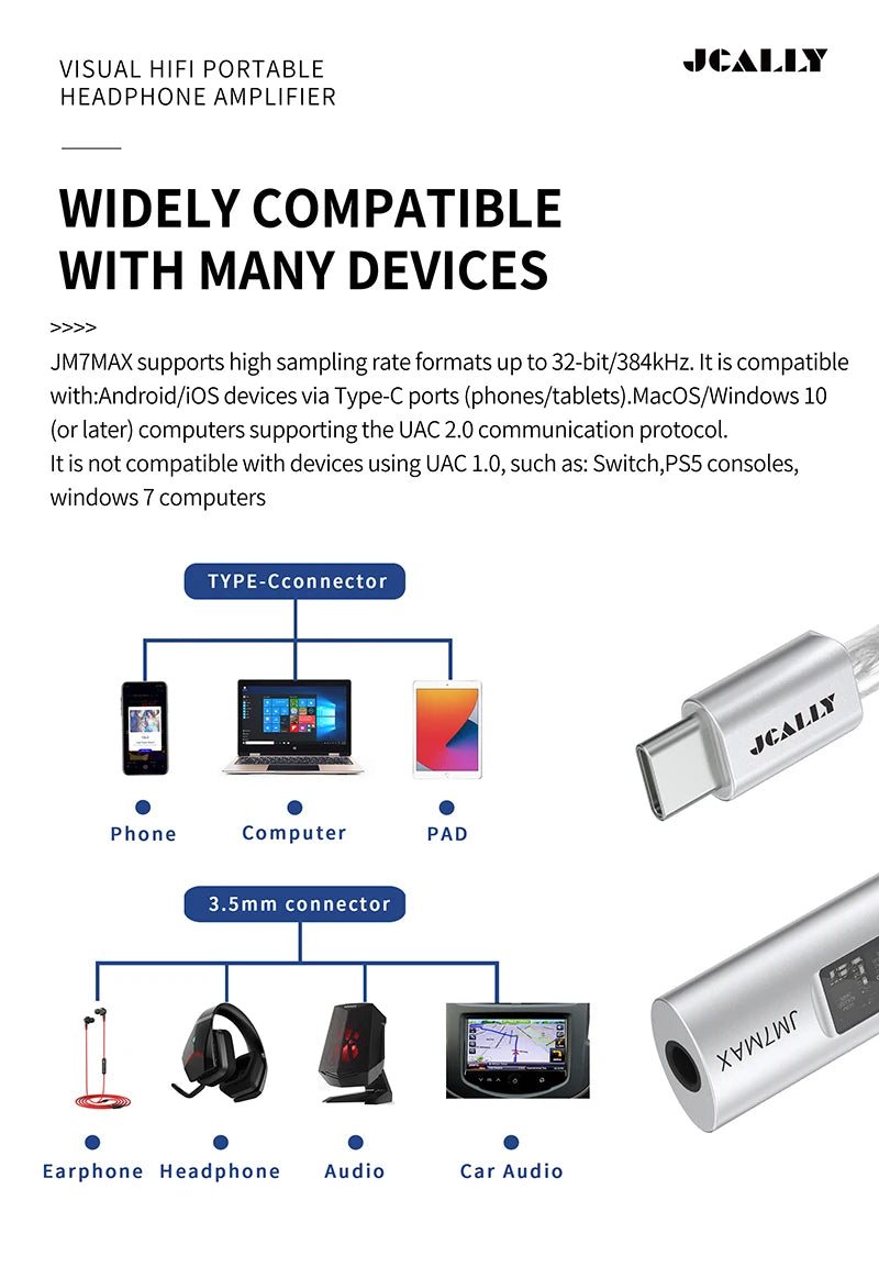 JCALLY JM7 Max TypeC/Light-ning To 3.5mm Digital Audio Cable DAC CX31993 For Android/Apple Adapter Decode Amp 32bit/384KHz