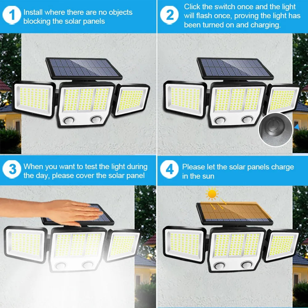 3 Heads Solar Motion Sensor Lights 236/223LED Solar Security Flood Lights Waterproof 3 Modes Wall Light Garden Yard Patio Pathwa