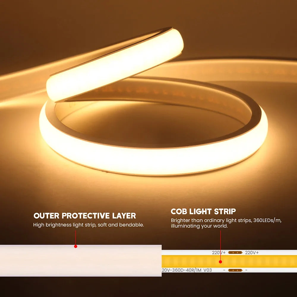 Dimmable COB LED Neon Strip Light 220V Dimmer Switch Power Kit High Density 288 LEDs Linear Lighting IP68 Waterproof Flex Ribbon