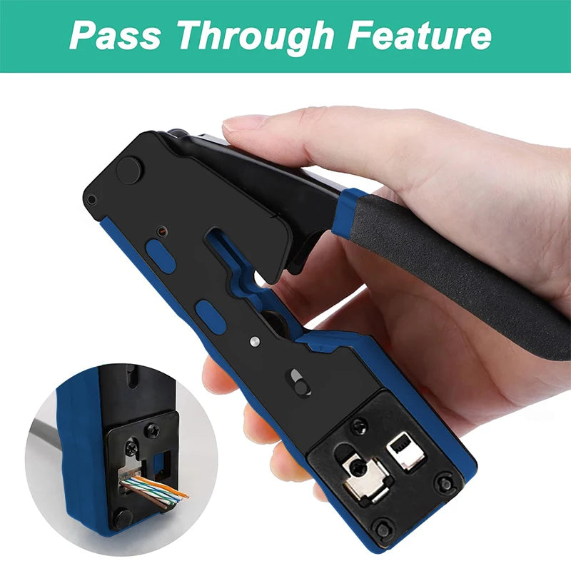 RJ45 RJ11 Crimp Tool Kit Pass Through Cat6 Crimping Tool For Cat5 Cat5e Cat6 8P6P Connector, All-in-one Ethernet Crimper