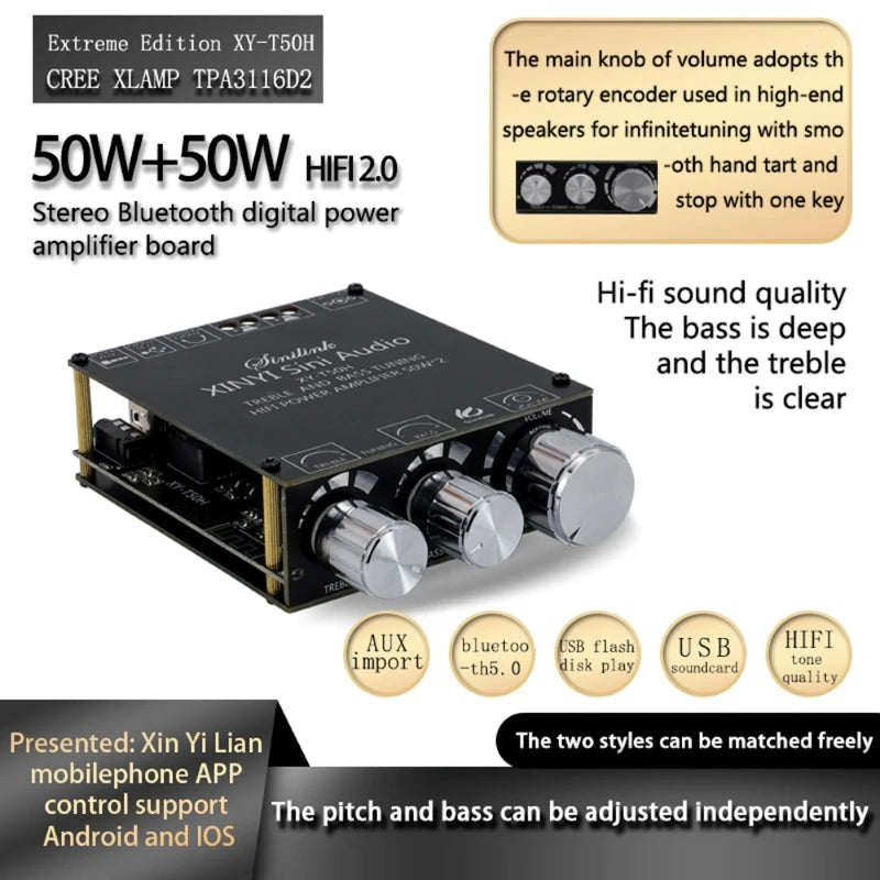 TPA3116D2 50W+50W Bluetooth 5.0 Subwoofer Amplifier Board 2.0 Channel High Power Audio Stereo AUX USB Bass CAR AMP t50l t50h