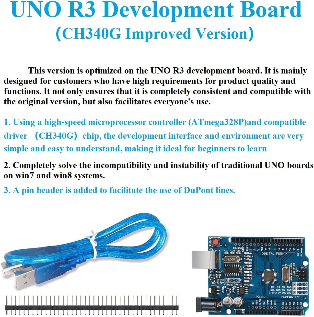 1-10PCS UNO R3 CH340G MEGA328P Chip for Arduino UNO R3 + USB/TYPE-C CABLE ATMEGA328P-AU Development Board 16Mhz
