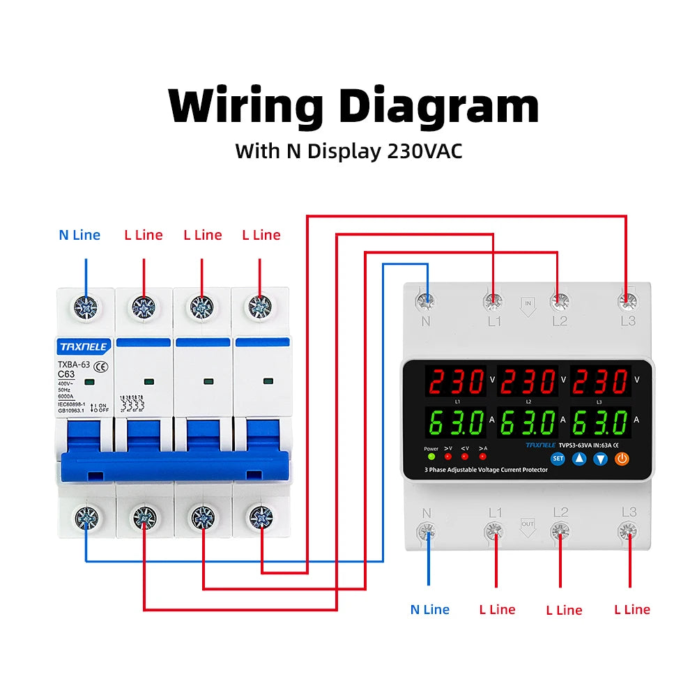 3 Phase Din Rail Voltmeter Ammeter Adjustable Over Under Voltage Current Limit Protection Monitor Relays Protector 63A 100A
